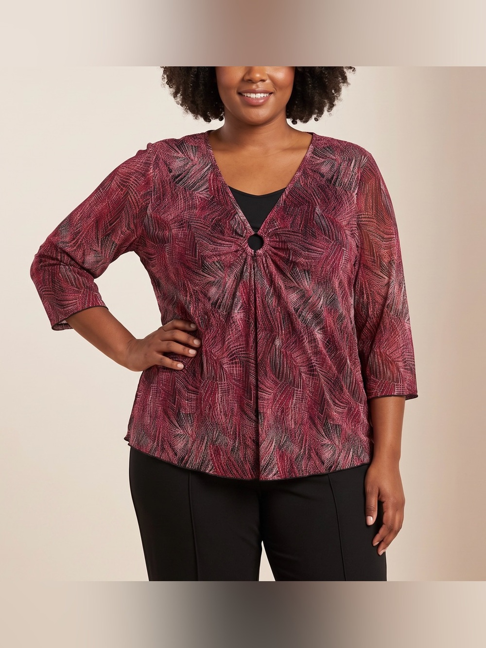 GNW Ring-Front V-Neck Tunic in Berry and Black